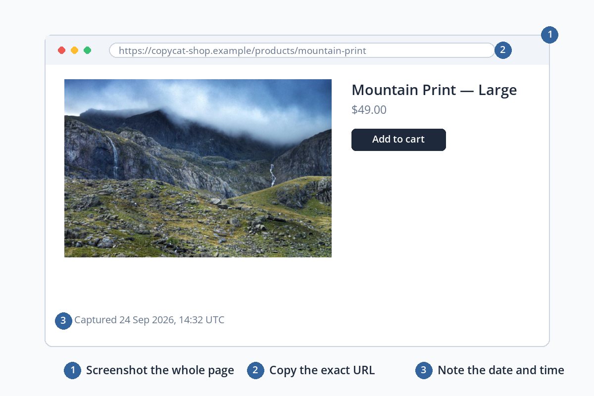 A diagram of a web page showing a copied mountain photo for sale, with three numbered markers for the screenshot, the URL and the date