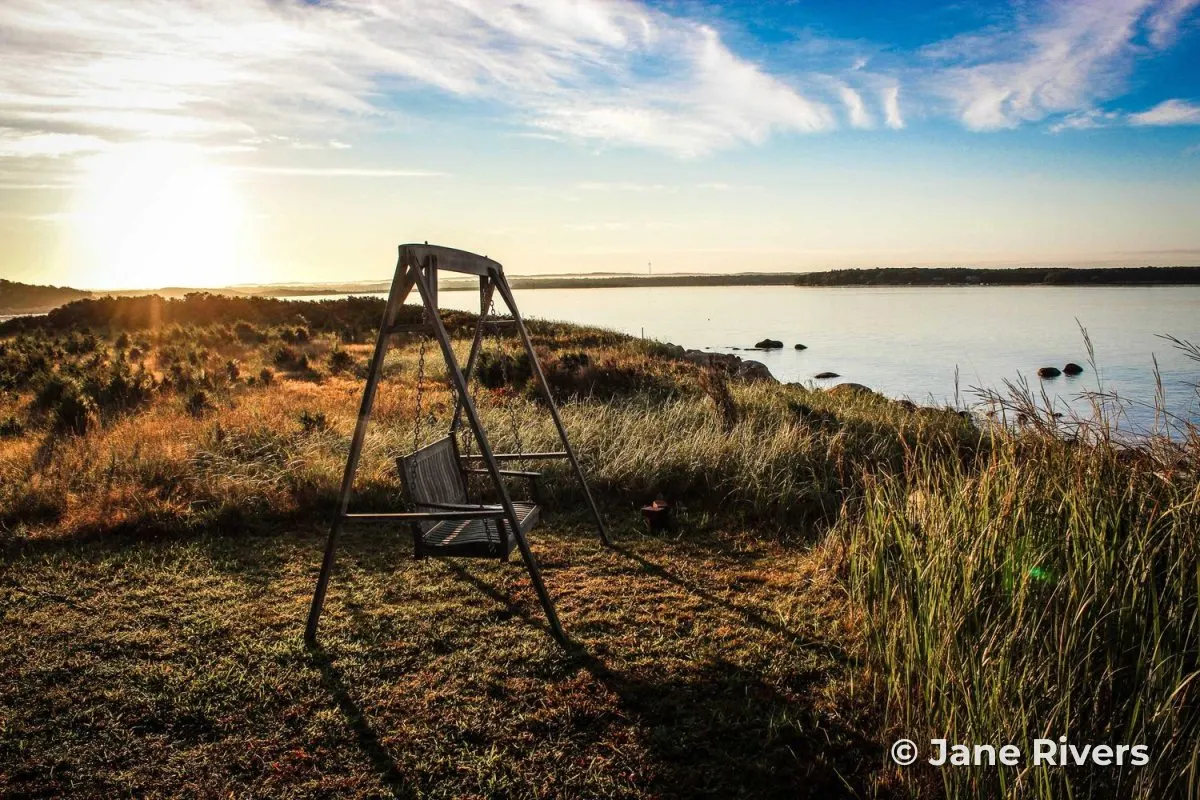 The full, sharp original photo of a swing on a grassy shore at sunrise, with a copyright watermark