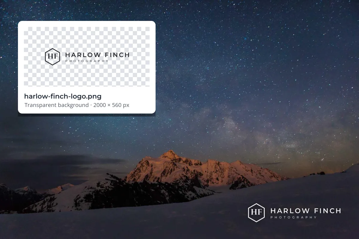A file card showing a Harlow Finch Photography logo on a checkerboard background, labeled harlow-finch-logo.png, next to a night photo of a snowy mountain with the same logo in white in the lower right corner