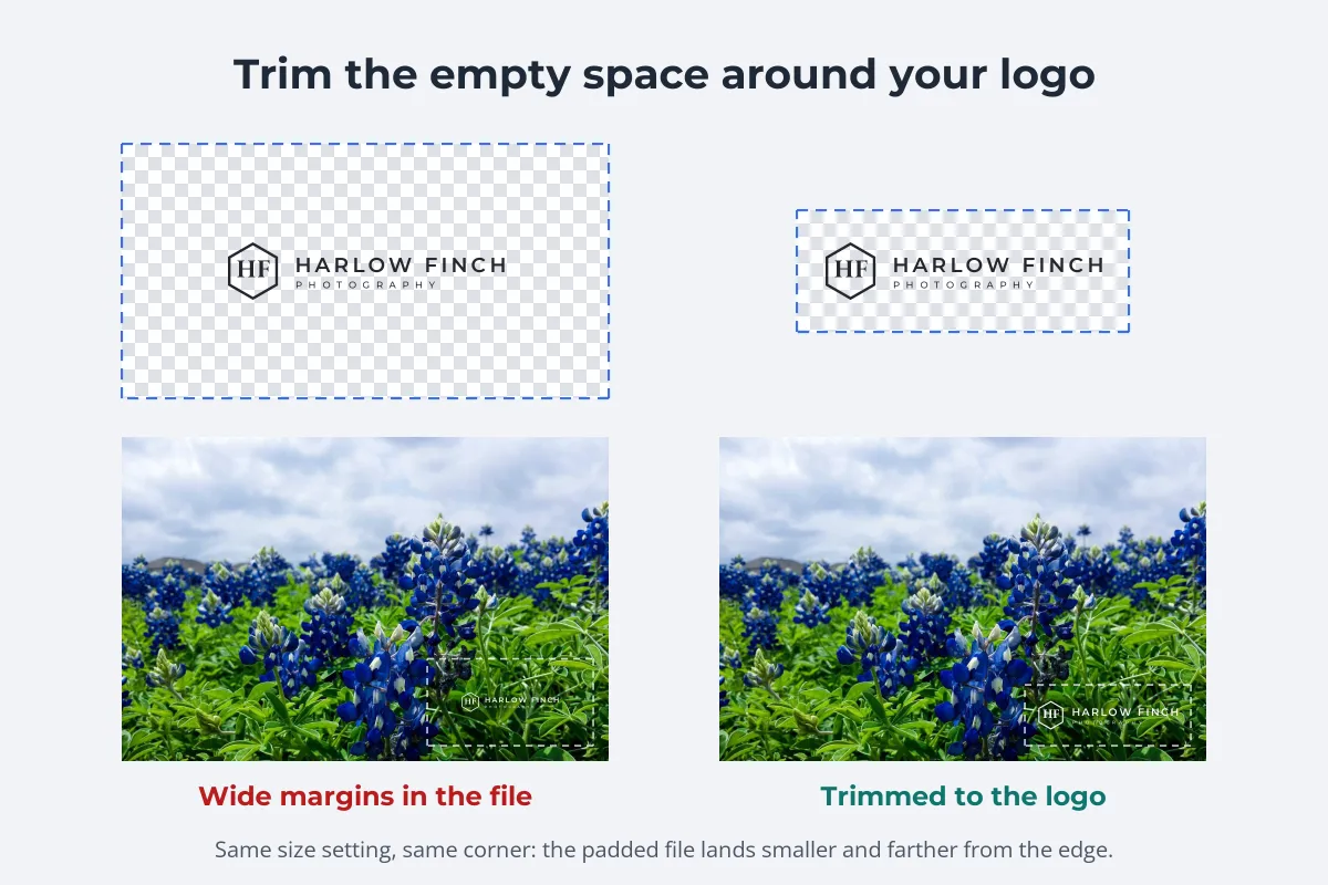 A diagram comparing a logo file with wide empty margins and a trimmed one; on a photo of lupines, the padded file places the logo smaller and farther from the corner at the same size setting