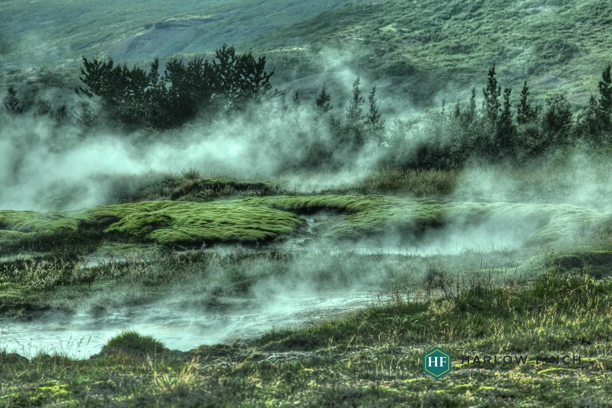 A misty green geothermal landscape with a full-color logo in the lower right: a teal hexagon badge stands out while the dark lettering disappears into the grass