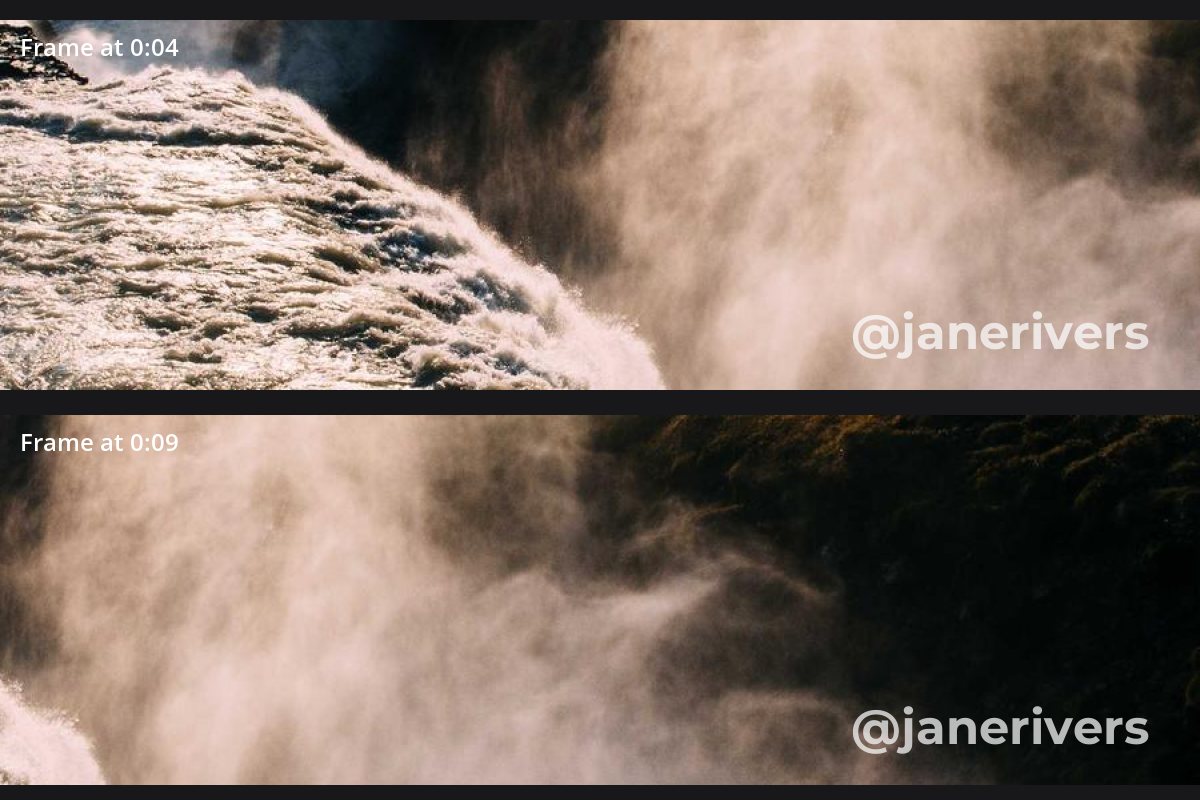 Two frames of a waterfall; a plain white watermark is faint over the bright mist and clear over the dark rock