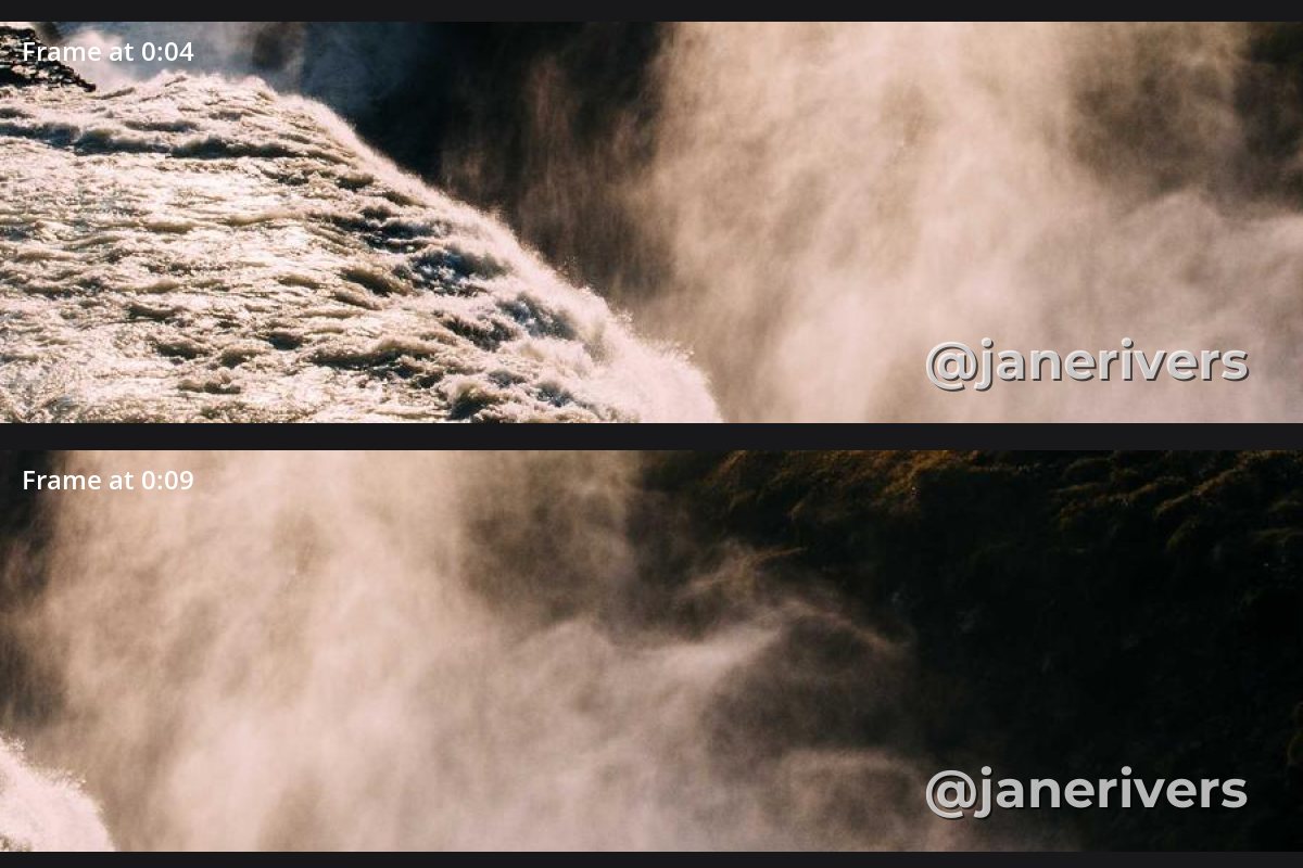 The same two frames with the watermark given a dark shadow, readable over both the mist and the rock