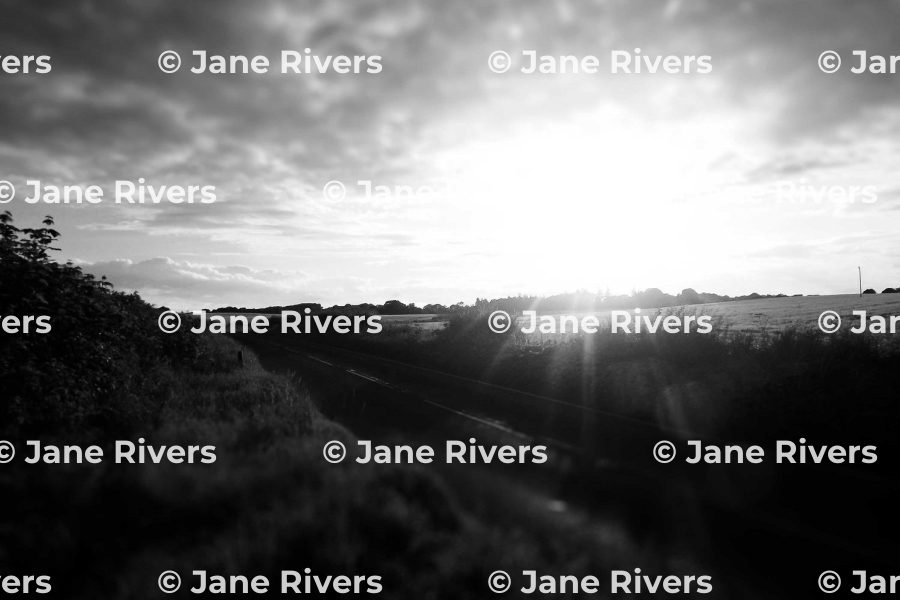 A black and white landscape with a bright sky and dark hills, tiled with white watermarks that vanish in the sky
