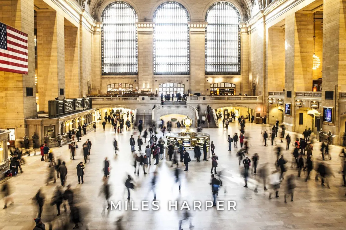 The same station photo with MILES HARPER in white letters with a soft dark shadow, standing out clearly