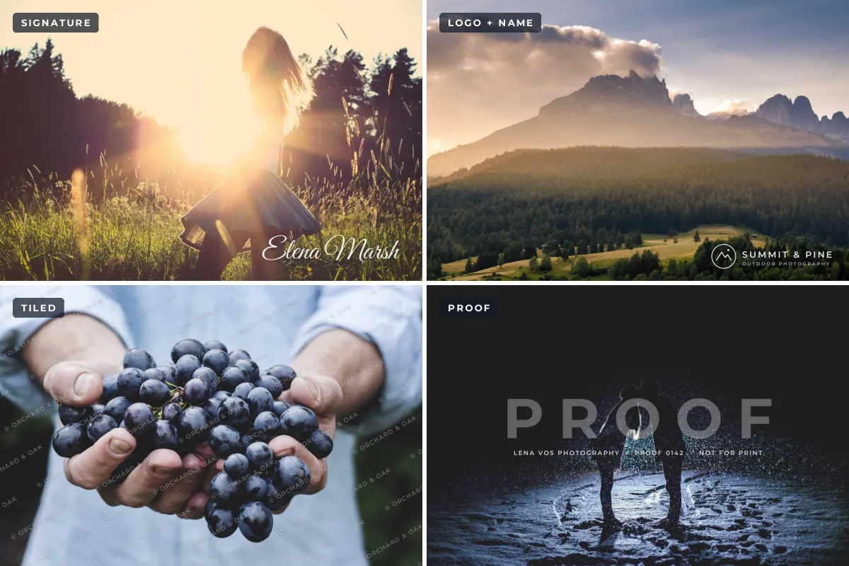 Four watermarked photos in a grid: a script signature on a sunlit portrait, a mountain logo with a name on a forest landscape, a tiled © Orchard & Oak pattern over grapes, and a large PROOF over a couple in falling snow
