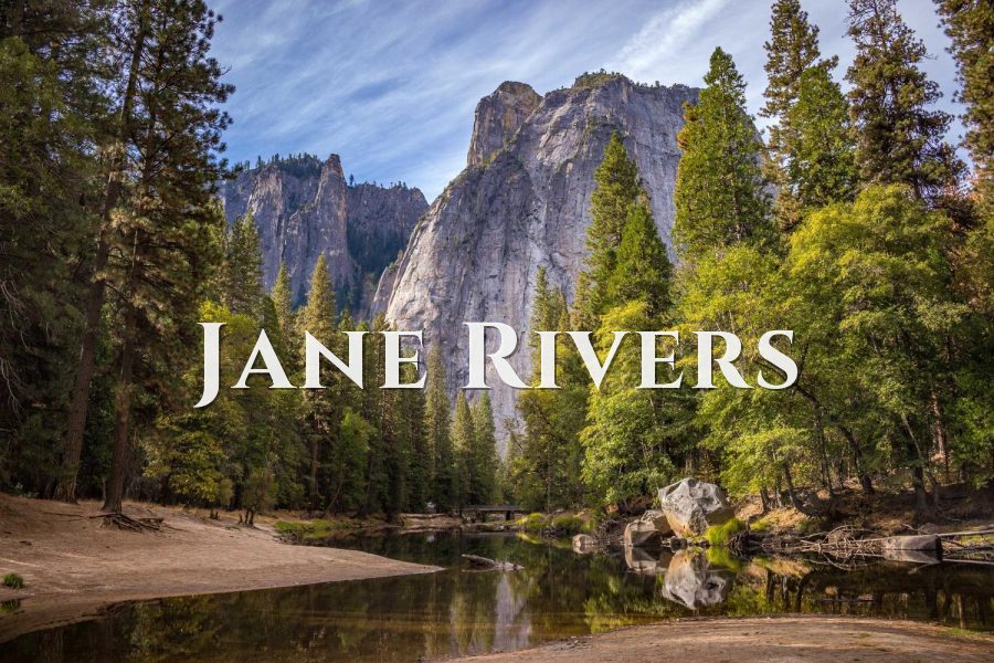 Jane Rivers watermark in Cinzel capitals over a forest and granite cliff