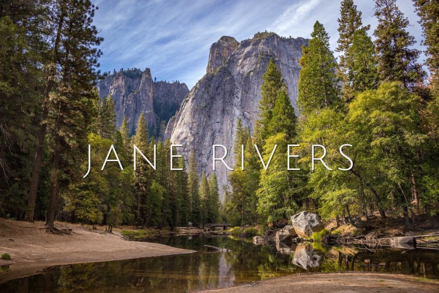 JANE RIVERS watermark in Julius Sans One over a forest and granite cliff