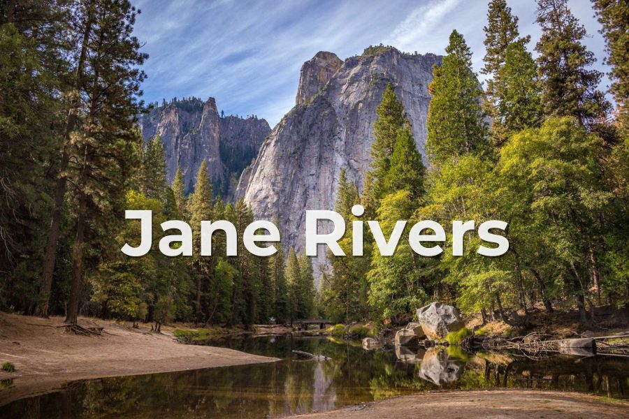 Jane Rivers watermark in Montserrat Bold over a forest and granite cliff