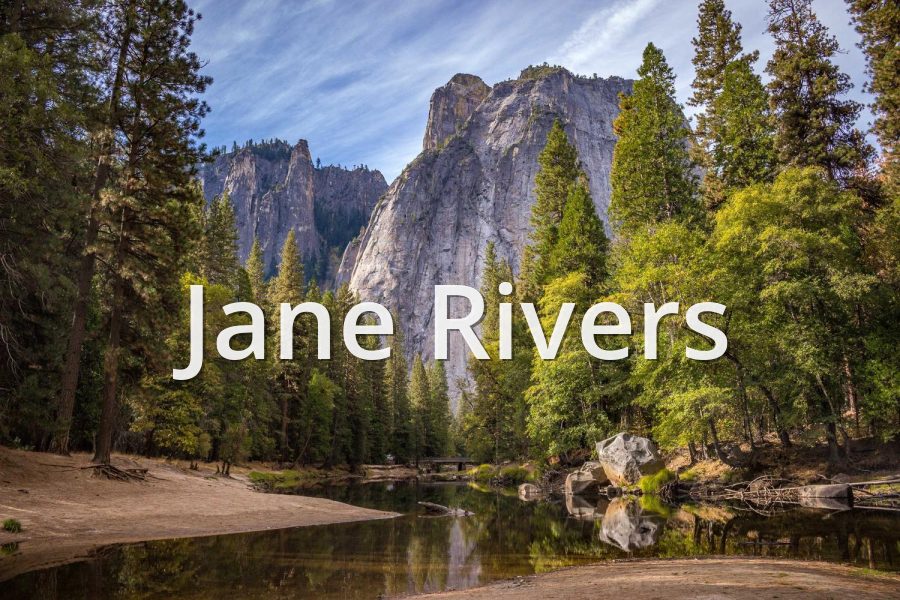Jane Rivers watermark in Open Sans over a forest and granite cliff
