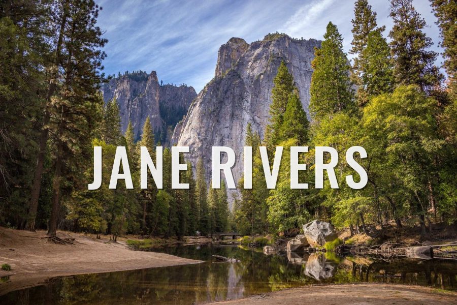 JANE RIVERS watermark in Oswald capitals over a forest and granite cliff