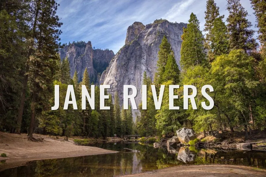 JANE RIVERS watermark in Oswald capitals over a forest and granite cliff