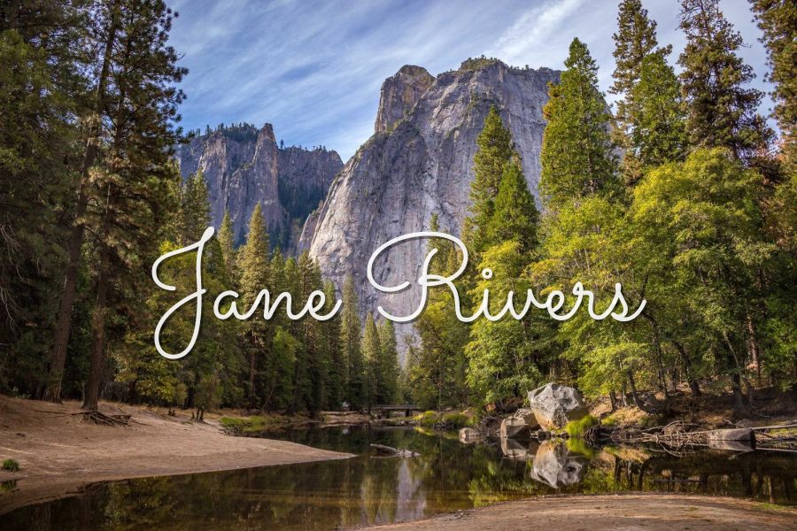 Jane Rivers watermark in the thin Sacramento script over a forest and granite cliff