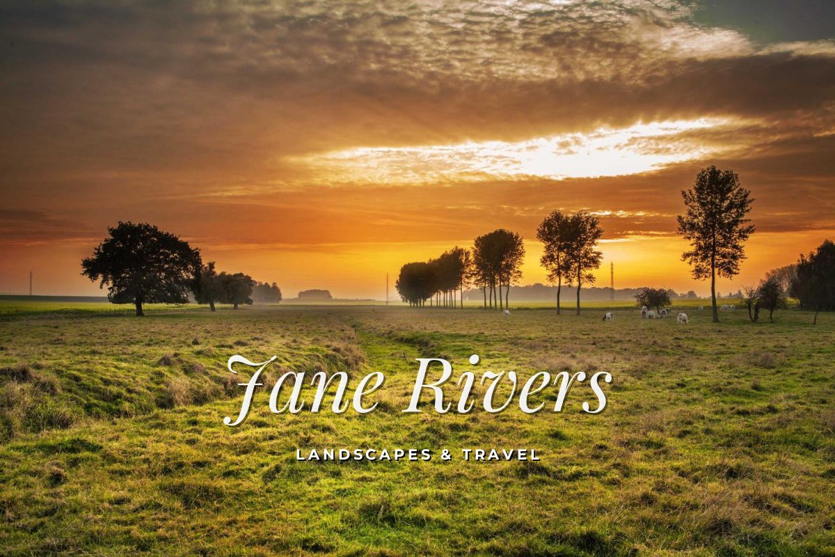 A sunset field with Jane Rivers in italic serif and LANDSCAPES & TRAVEL in small capitals below