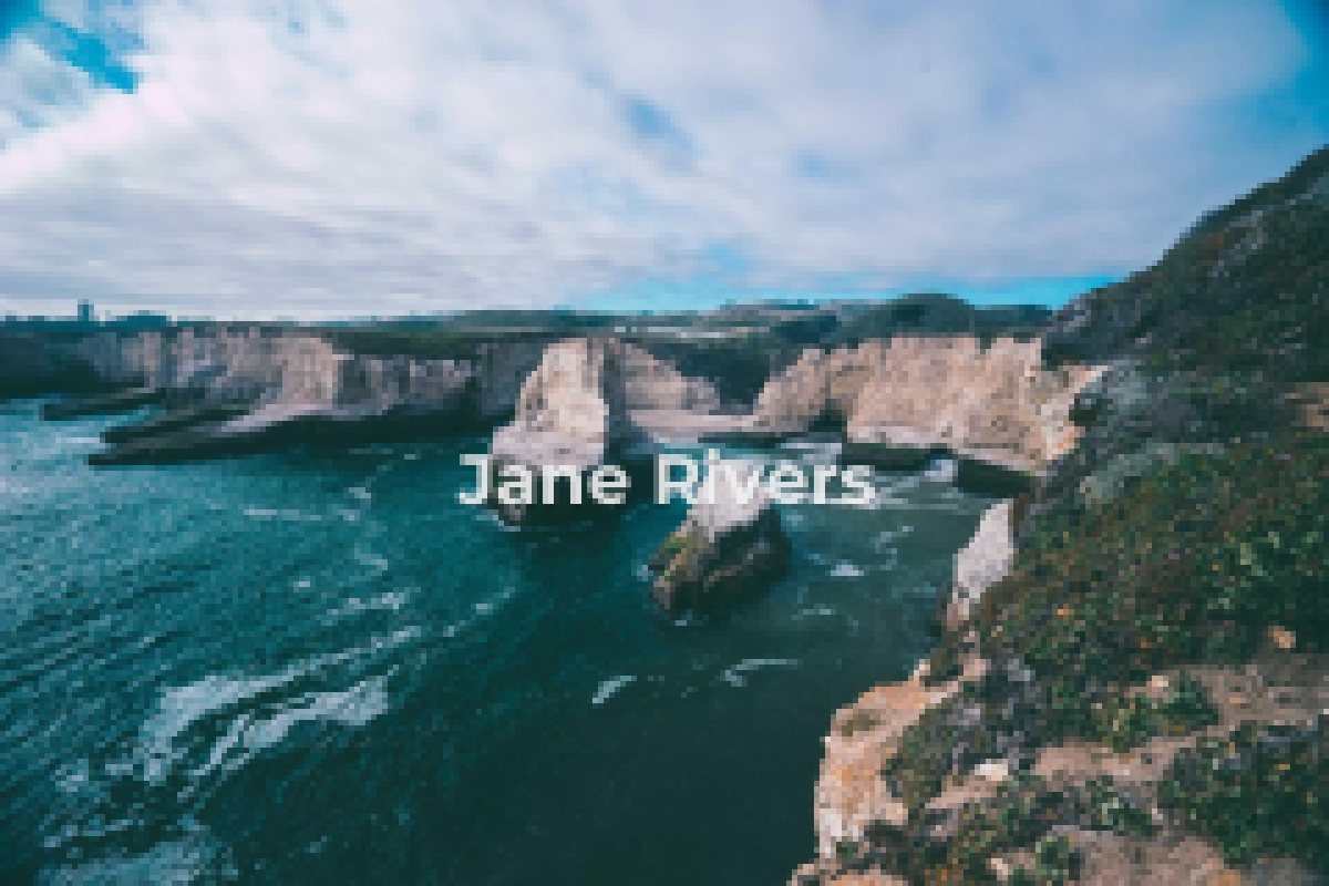 The same coastal photo shrunk to thumbnail size where a bold sans-serif watermark still reads Jane Rivers