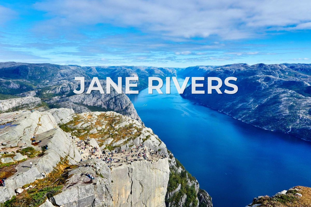 A fjord photo with a bold, tightly set JANE RIVERS watermark
