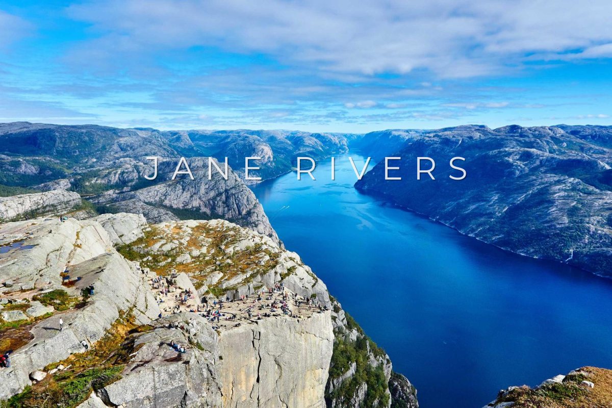 The same fjord photo with a regular-weight JANE RIVERS watermark with wide letter spacing