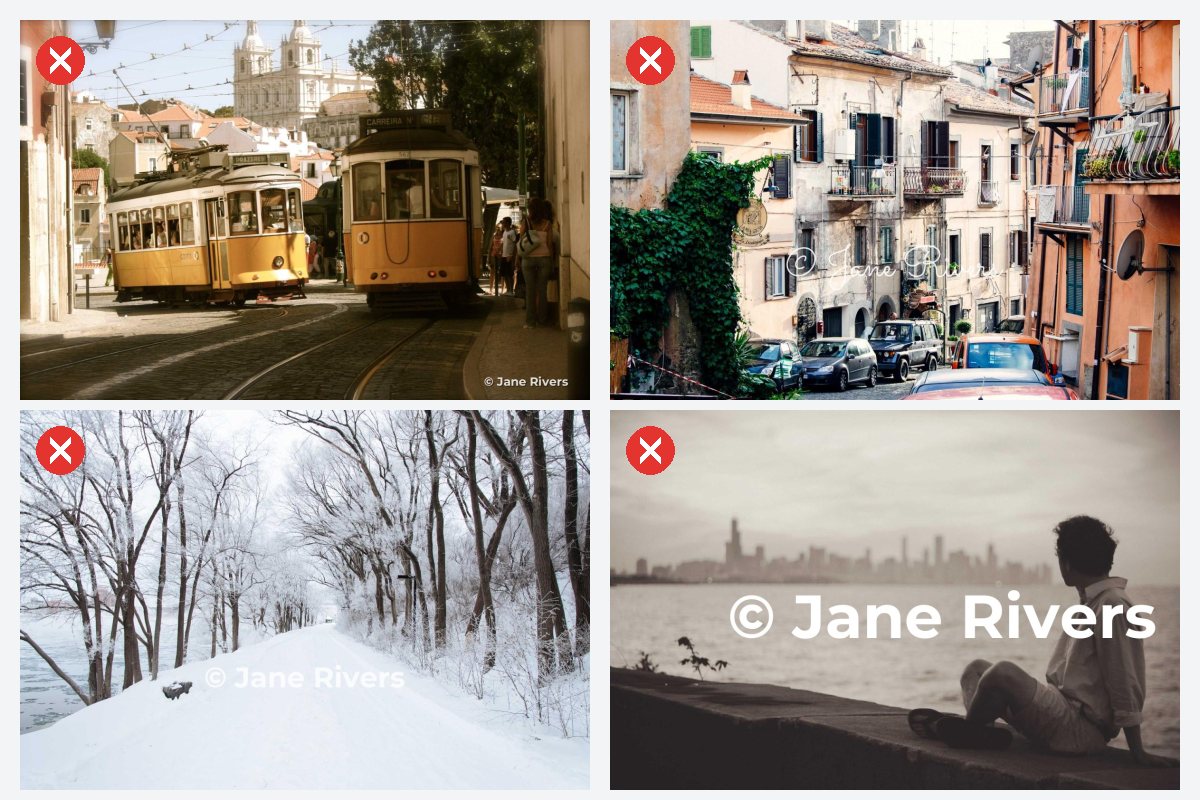Four photos with watermark mistakes marked with red crosses: a tiny corner mark, a faint script on a busy street, white text on snow, and a huge solid watermark over a person