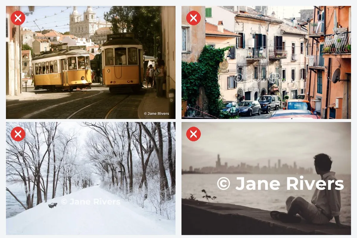 Four photos with watermark mistakes marked with red crosses: a tiny corner mark, a faint script on a busy street, white text on snow, and a huge solid watermark over a person