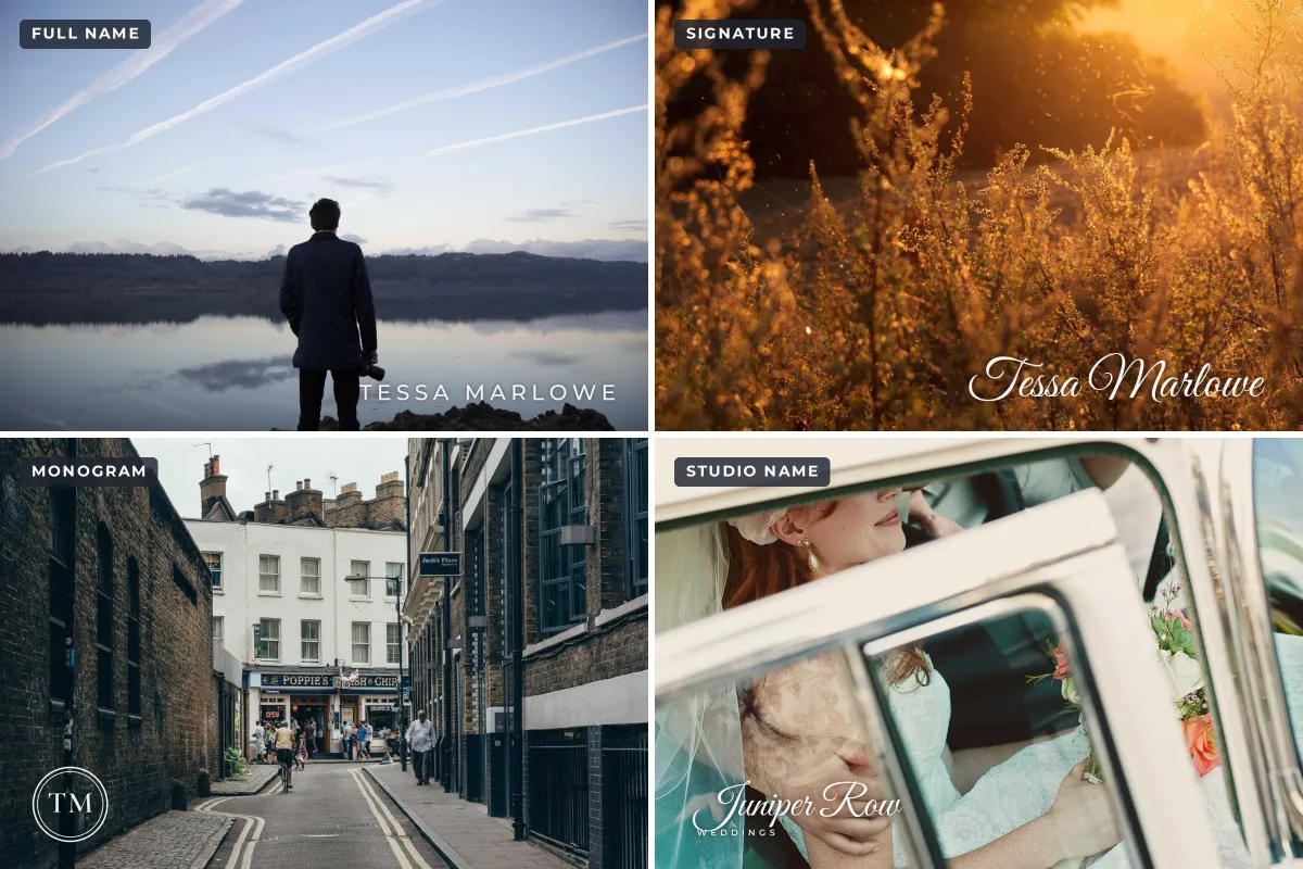 Four watermarked photos in a grid: TESSA MARLOWE in spaced white capitals on a lake at dusk, a Tessa Marlowe script signature on golden grass, a TM monogram in a ring on a London street, and Juniper Row Weddings on a bride in a vintage car