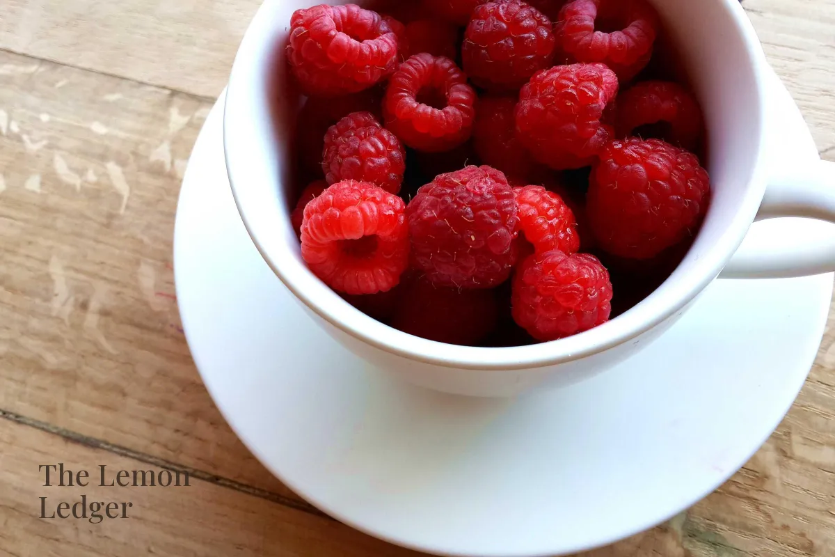 Raspberries in a white cup on a wooden table, with The Lemon Ledger in dark serif type in the lower left