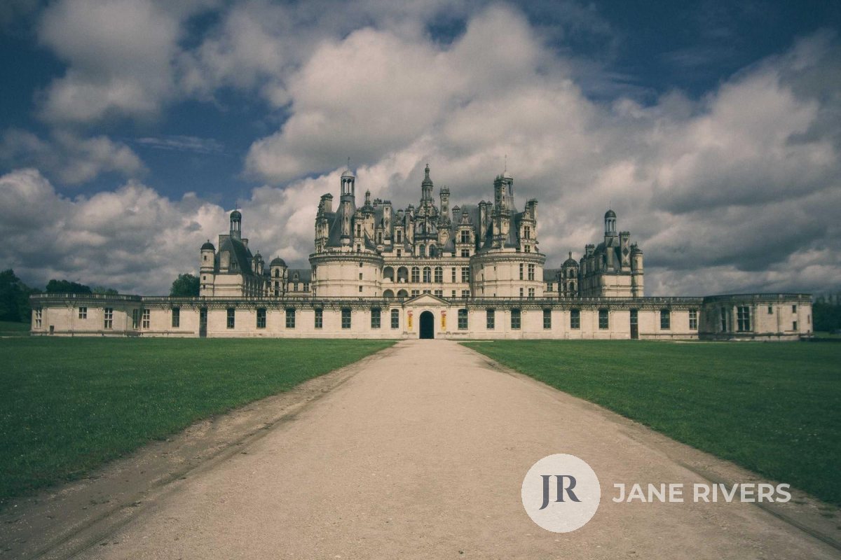 The same chateau photo with the same logo at 55% opacity, blending into the path