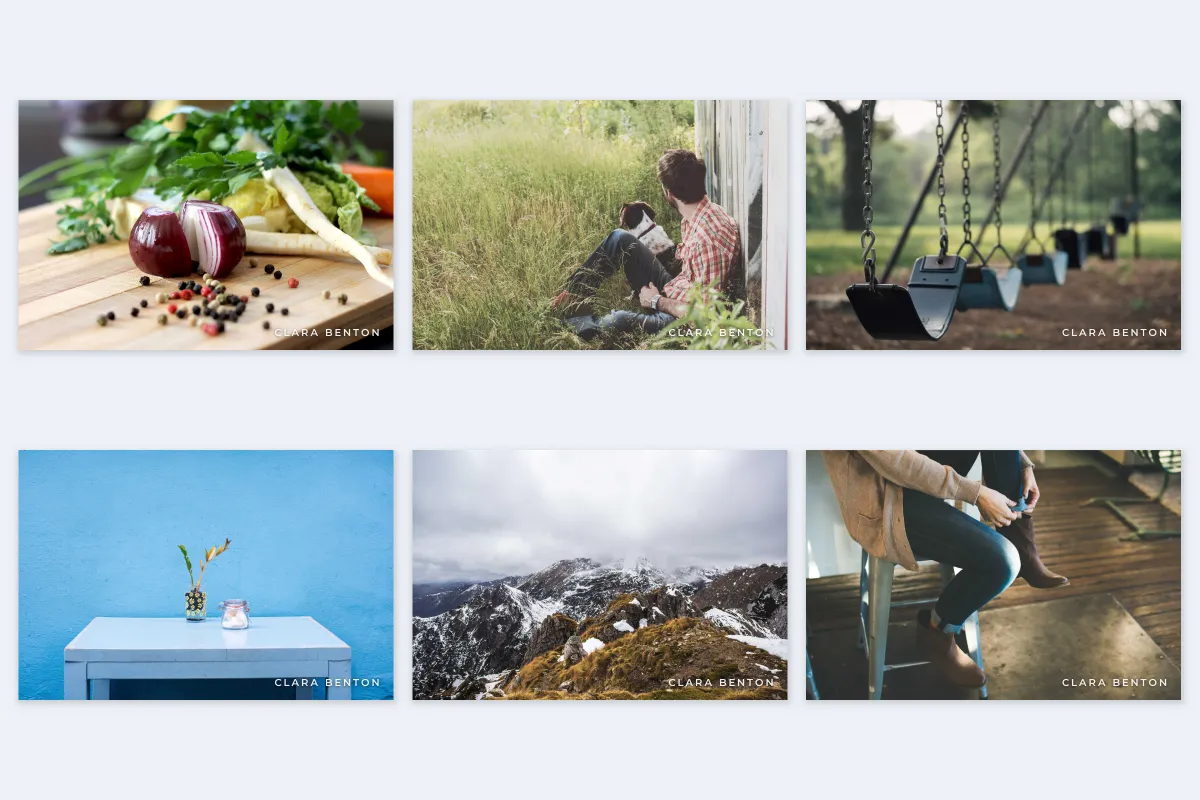 Six different photos in a grid, a vegetable flat lay, a man and dog in tall grass, playground swings, a blue table, snowy mountains and a person on a stool, each with the same small CLARA BENTON mark in the lower right corner