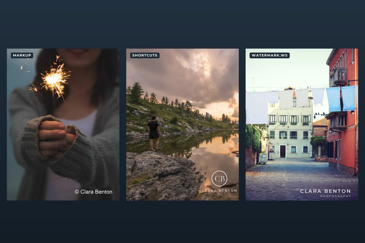 Three portrait photos side by side: a sparkler photo with plain © Clara Benton text labeled Markup, a mountain lake with a CB monogram logo labeled Shortcuts, and a Venice street with CLARA BENTON PHOTOGRAPHY in spaced capitals labeled Watermark.ws