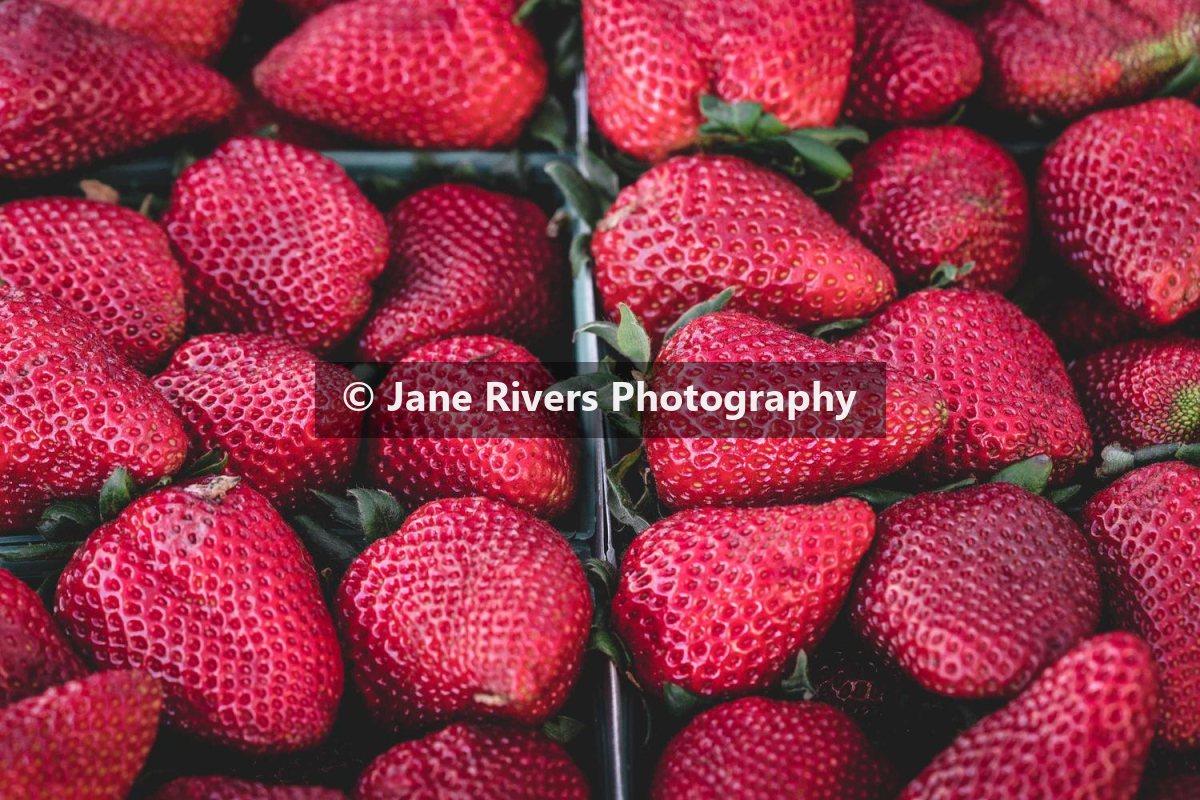 The same strawberry photo with the watermark on a semi-transparent dark backing