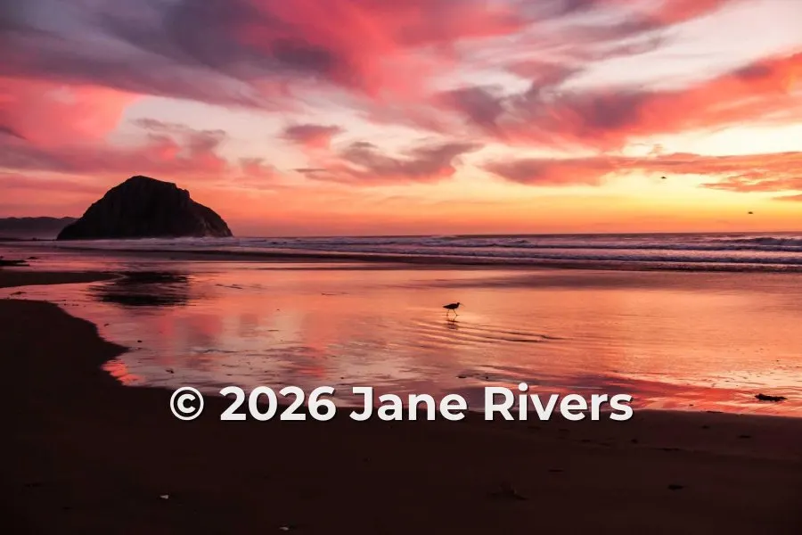 Sunset beach photo with the watermark © 2026 Jane Rivers