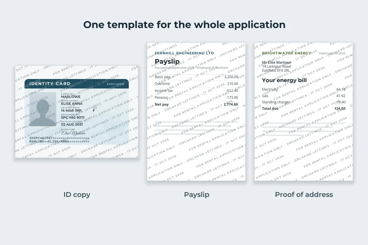 An ID copy, a payslip and an energy bill side by side, each covered with the same repeating watermark For rental application only, Orchard Lettings, 17 Oct 2026