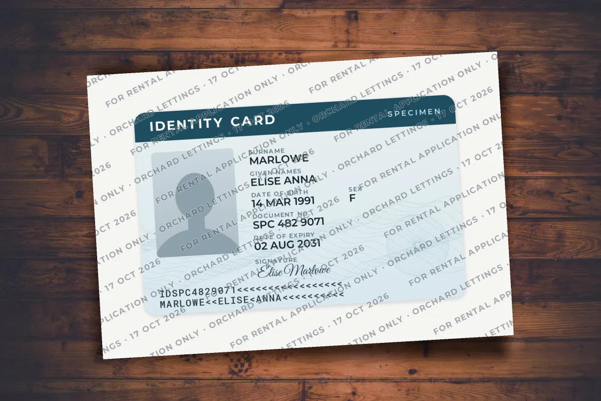 A printed copy of a specimen identity card on a wooden desk, covered with a repeating gray watermark that reads For rental application only, Orchard Lettings, 17 Oct 2026