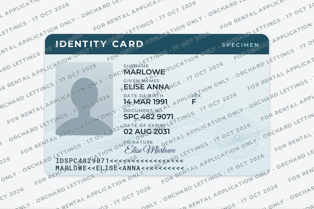 The same scan covered with a repeating diagonal watermark that reads For rental application only, Orchard Lettings, 17 Oct 2026, with every detail still readable