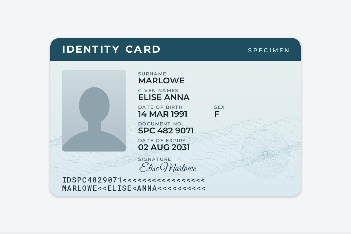 A scan of a specimen identity card for Elise Marlowe with no watermark