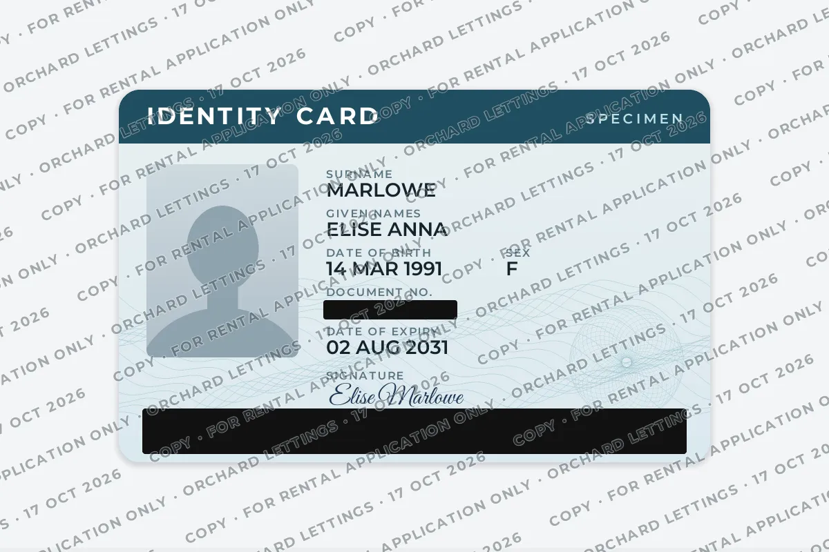 A specimen ID scan with the document number and the machine-readable lines blacked out, covered with a repeating watermark that starts with COPY and names the purpose, recipient and date