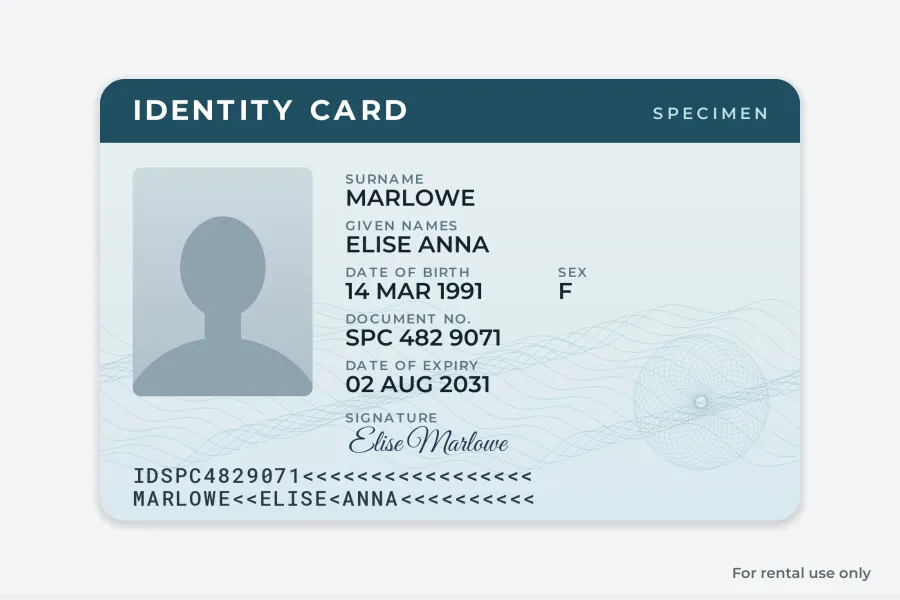A specimen ID scan with small gray text reading For rental use only in the bottom right corner, outside the card