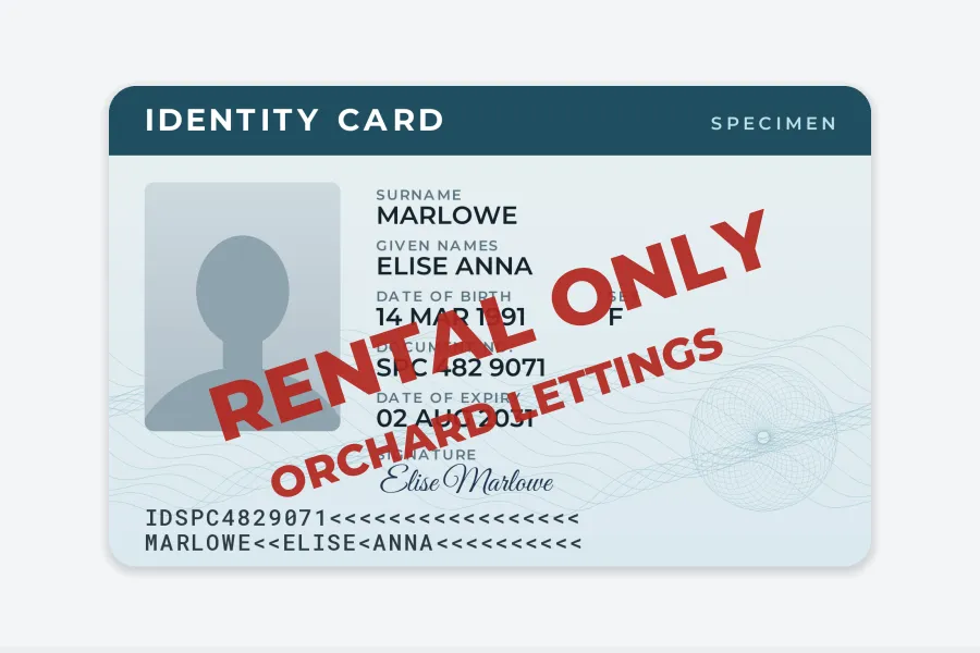 A specimen ID scan with large solid red text reading RENTAL ONLY and ORCHARD LETTINGS covering the date of birth and document number