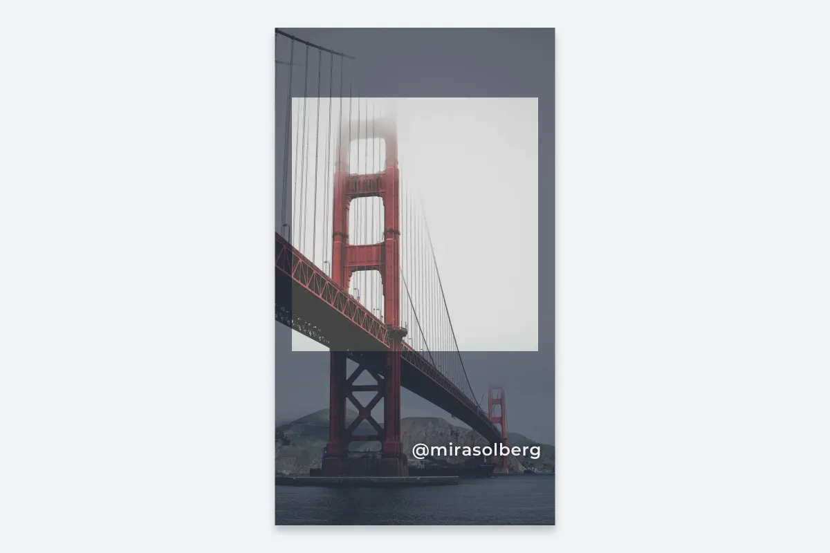 A 9:16 photo of a suspension bridge in fog with the bottom band darkened to show where the interface sits, and @mirasolberg placed in the lower right, inside that band