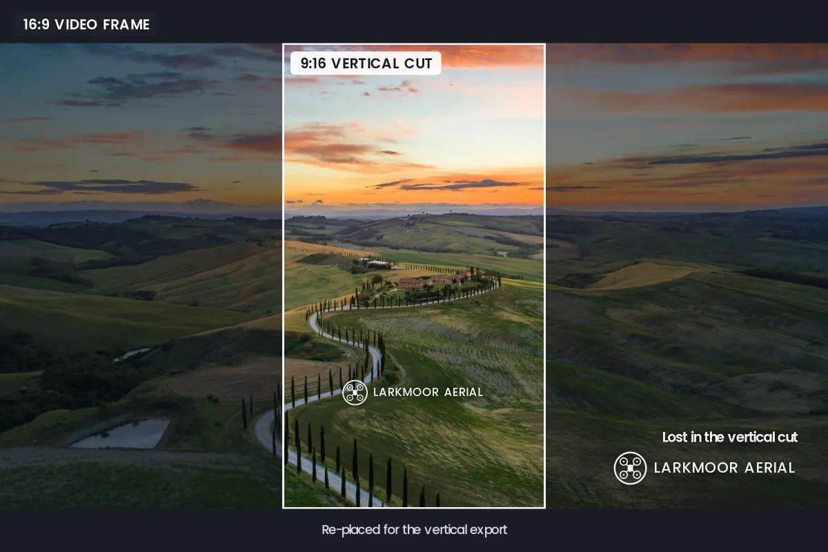 A 16:9 drone video frame of a cypress-lined road in rolling hills at sunset, with a tall 9:16 crop window outlined in the middle; a logo in the lower right of the wide frame falls outside the vertical crop, while a second, smaller logo sits inside it