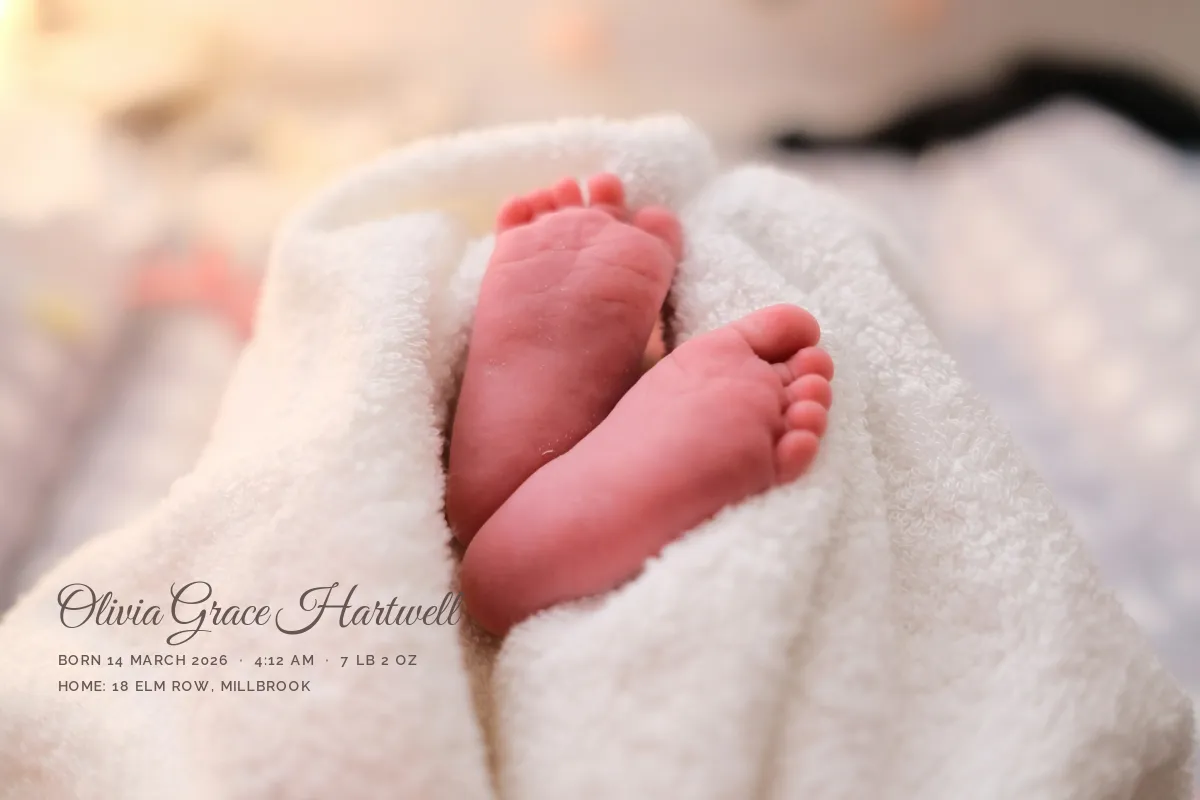 Newborn feet wrapped in a white towel, overlaid with the baby's full name, birth date, time and weight, and a home street address