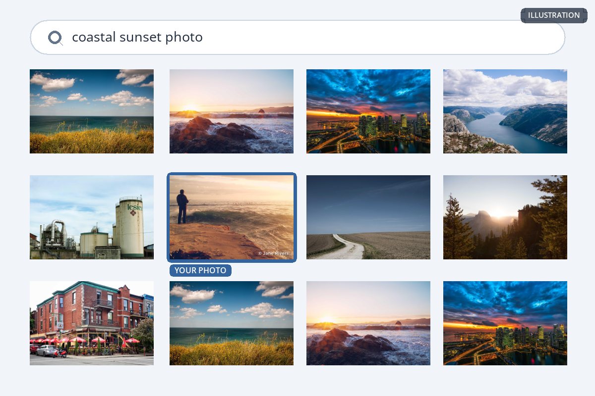 The same grid of results where the photo has only a small corner watermark