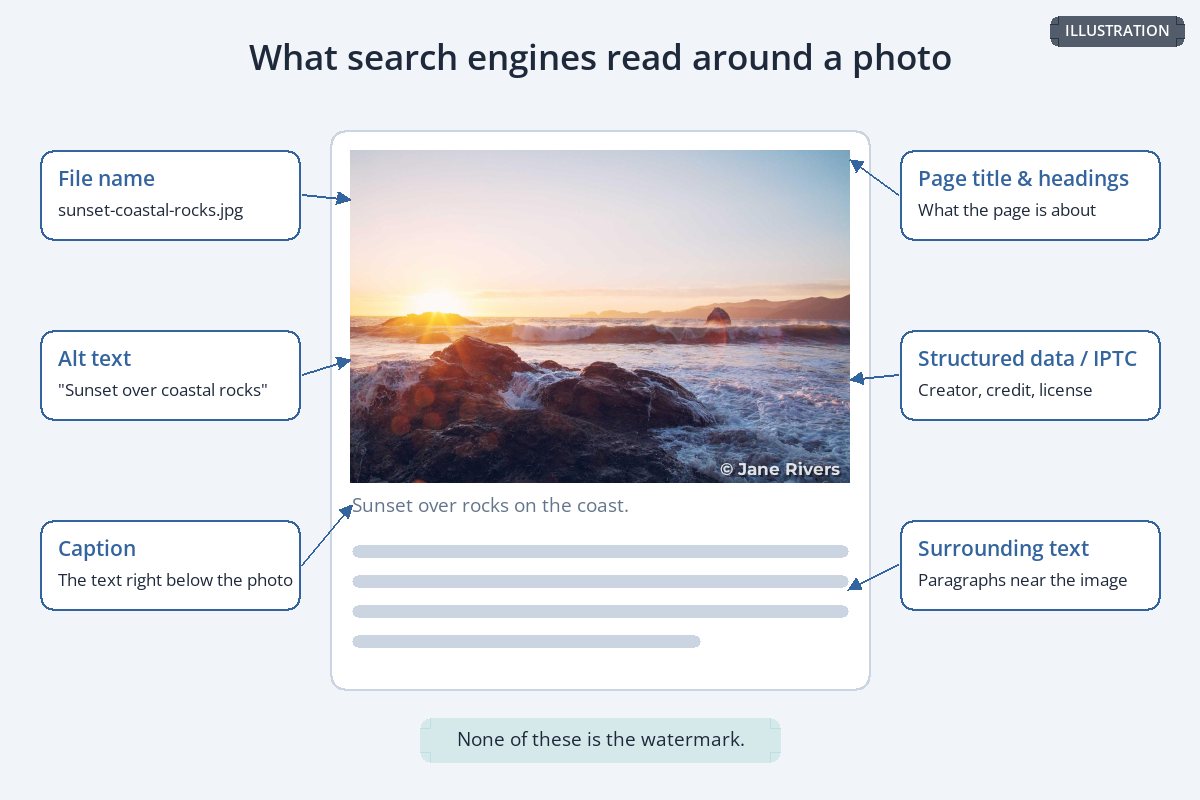 A diagram of a web page with a photo, labeled with file name, alt text, caption, page title, surrounding text and structured data