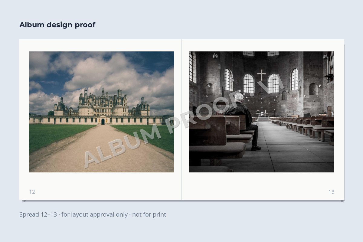 An open album spread with two photos and a diagonal watermark reading ALBUM PROOF V1