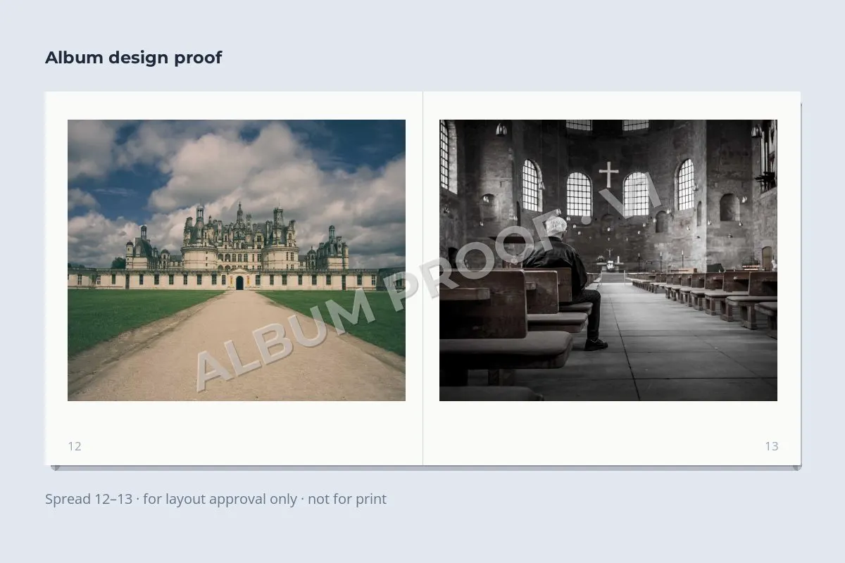 An open album spread with two photos and a diagonal watermark reading ALBUM PROOF V1
