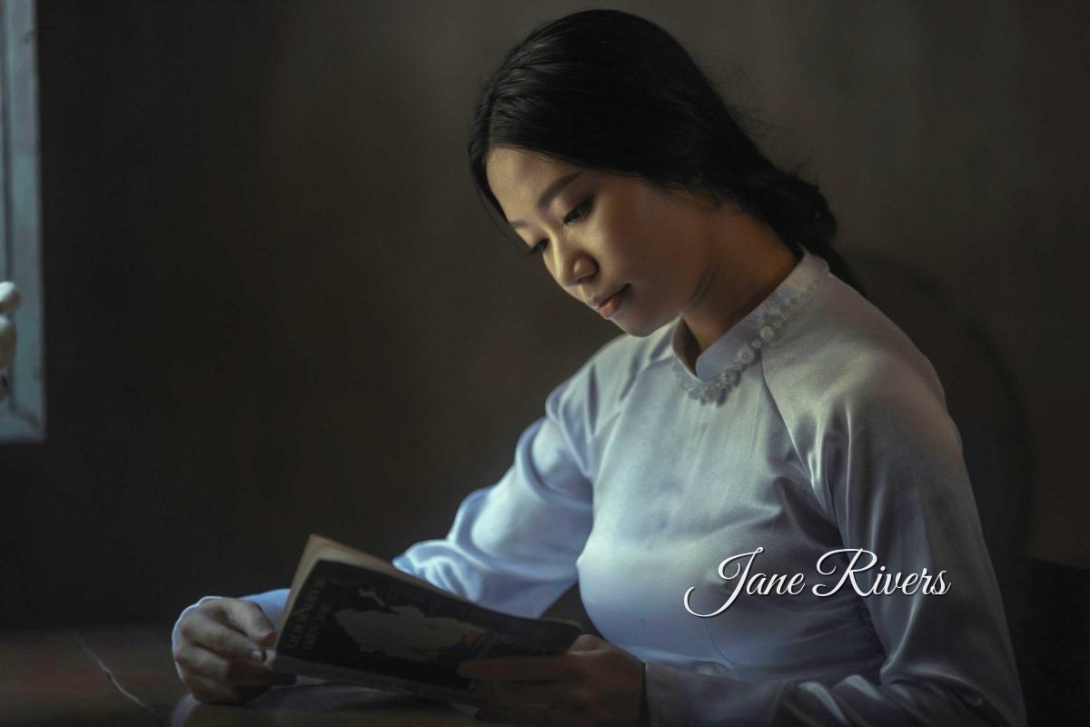 A portrait of a woman reading by a window, with a small script signature in the empty space beside her