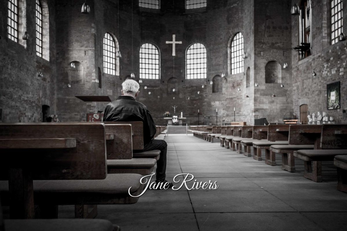The same church interior with a small script signature in the lower third