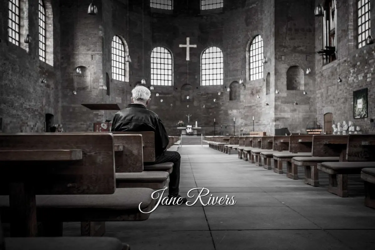 The same church interior with a small script signature in the lower third