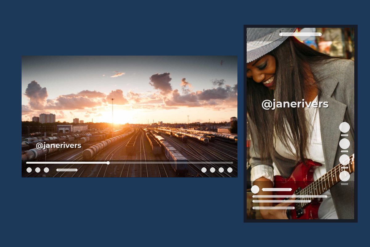 A horizontal video with player controls and a vertical video with app buttons, each with a watermark placed clear of the interface