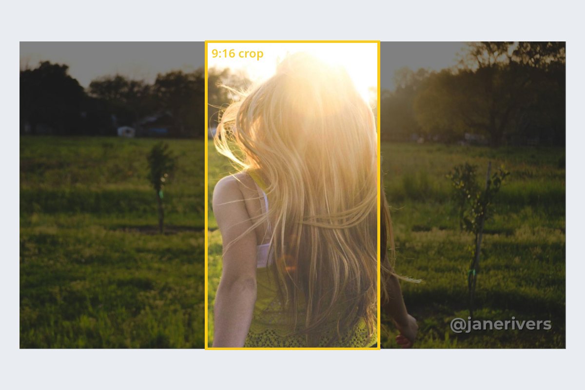 A horizontal video with a watermark in the bottom-right corner and the centered 9:16 crop outlined in yellow