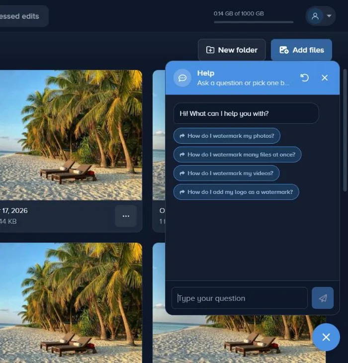 The help chat open over the files page, greeting with questions to pick from